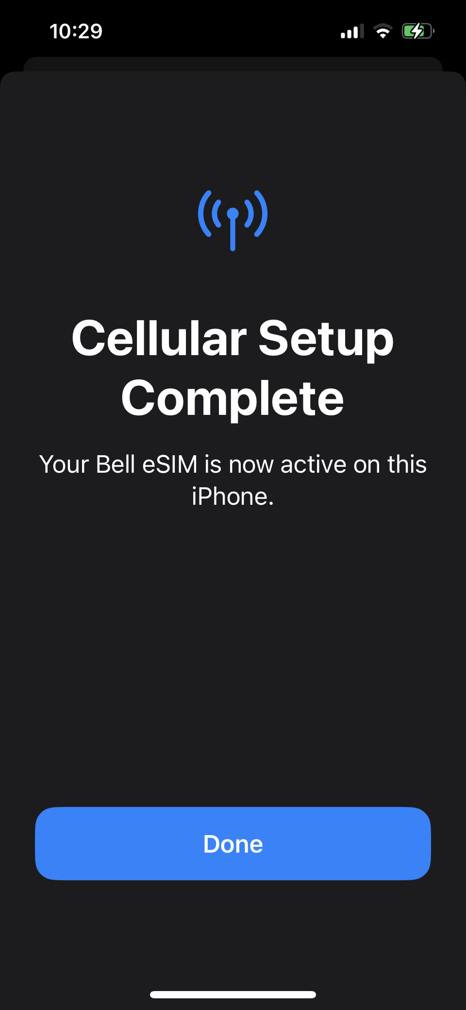 Bell Mobility eSIM Transfer Activate eSIM completed