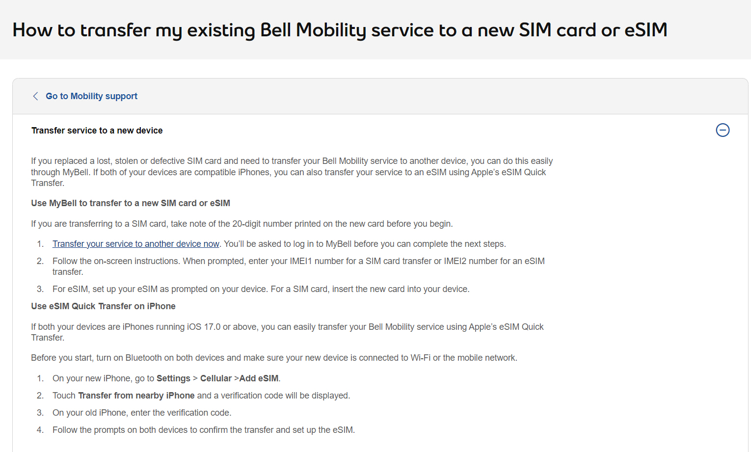 Bell Support-Transfer to a new eSim