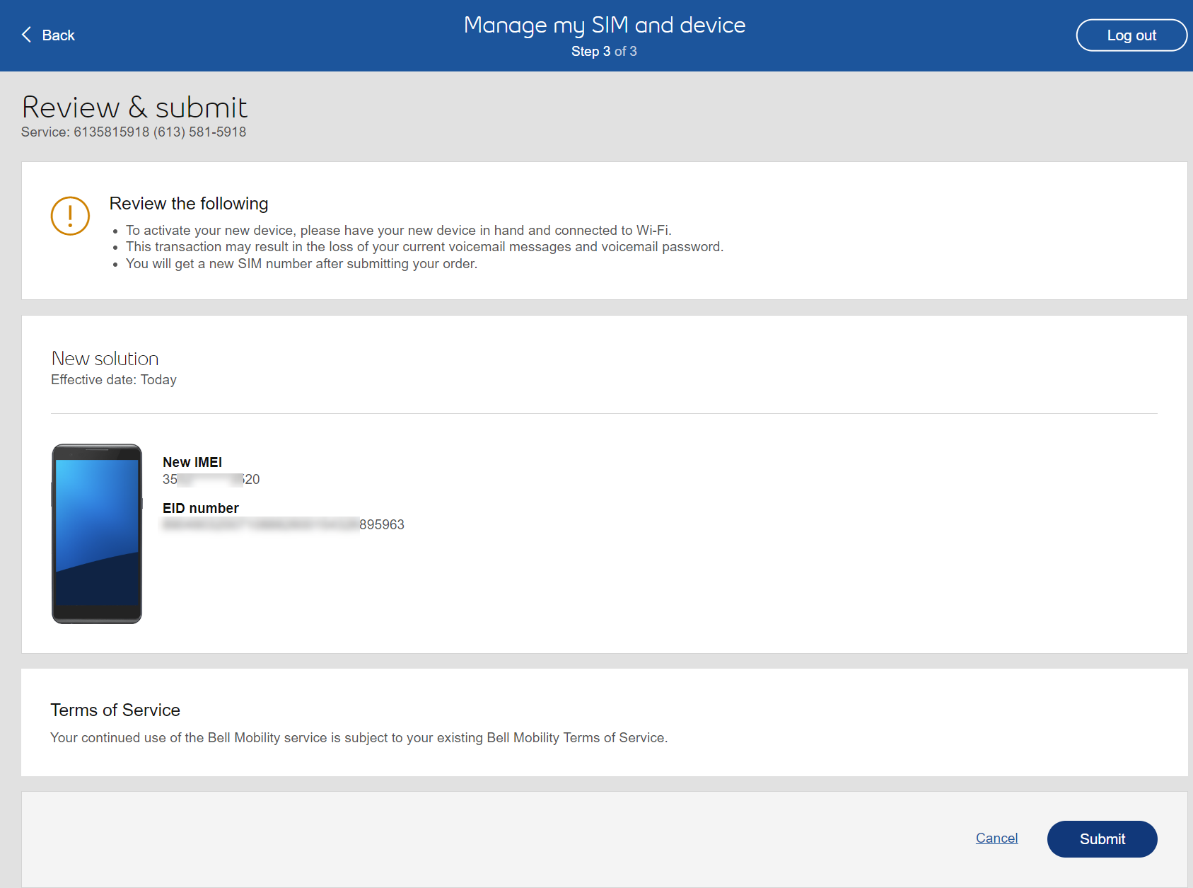 Bell Mobility eSIM Transfer Review & Submit Your eSIM Transfer Request
